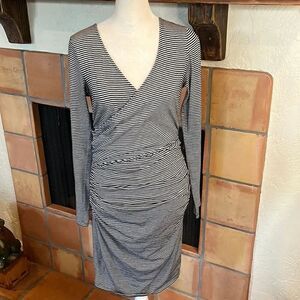 Leith Black and White Horizontal Striped Faux Wrap Fitted Dress, S!